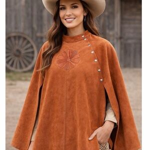 Vintage 1960s–1970s Western Suede Cape with Floral Appliqué
